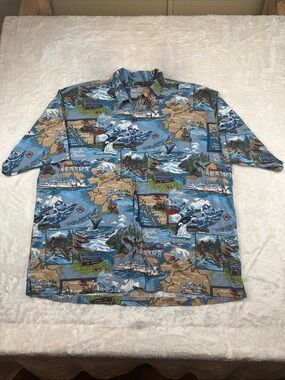 David Carey Originals Alaska Hawaiian Camp Shirt Mens 3XL Map Wildlife Blue